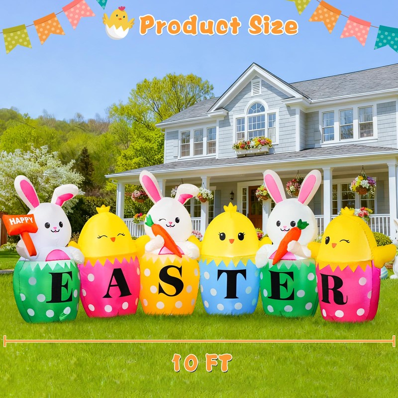 10 FT Easter Inflatables Bunny, Cute Rabbits with Carrots, Eggs,