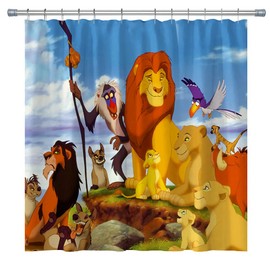 Kids Lion Shower Curtain Cartoon Animals King Bath Curtain Set, Washable Fabric Kids Bathroom Shower Curtains with Hooks Blue Yellow (71WX71H Inches)