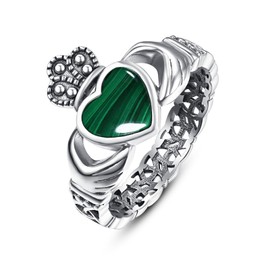 AVECON Heart Malachite Claddagh Rings 925 Sterling Silver Celtic Knot Ring Malachite Rings for Women Statement Engagement Ring Irish Jewelry Gifts Fit Size 7