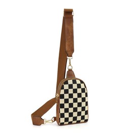 Checkered Pattern Fanny Pack, Fashionable PU Leather Sling Bag for Women, Casual Versatile Zipper Crossbody Purse with Detachable Strap for Travel & Daily - Colour: Black, Size: one-size