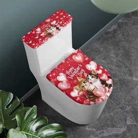 Maiyoinou Happy Valentines Day Cats Bathroom Toilet Tank Lid Cover Set of 2, Easy to Clean Durable Toilet Lid Seat Cover Home Bathroom Decoration Fits Most Size Toilet Tanks & Lids