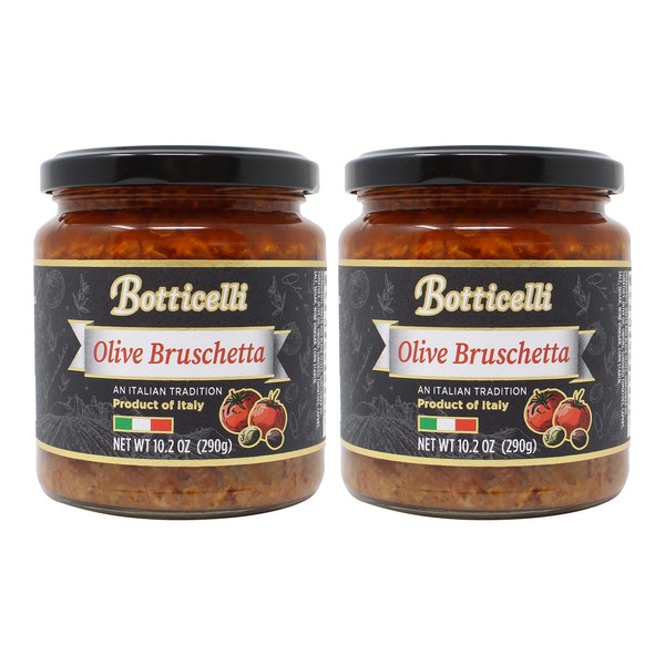 Olive Bruschetta by Botticelli, 10.2oz Jars (Pack of 2) - Premium Italian Appetizer - Gluten-Free - Green & Black Olives, Onions, Sundried Tomatoes, and Olive Oil