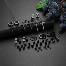 Bulckrew 15 Pairs Black Earrings Fake Plugs Tunnel Piercing Set Hoop Earrings Stainless Steel with Zirconia Cross Pendant Stud Earrings for Men Women Unisex, Stainless Steel, Other