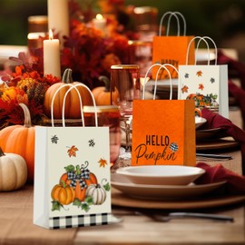SilTriangle 36 Pcs Happy Fall Party Favors Gifts Goodies Bags Bulk White and Orange Autumn Thanksgiving Pumpkin Truck Paper Treat Candy Bags for Gifts Wrapping Harvest Party Supplies