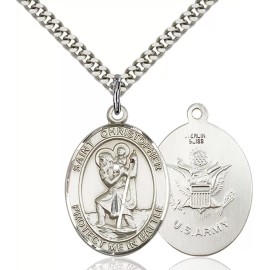 Bliss Sterling Silver Saint Christopher Army Medal Pendant Necklace 24" Chain Gift