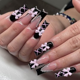 Kamize Square Black Press on Nails Bow Long Fake Acrylic Nails Full Cover False Nails for Women and Girls 24PCS