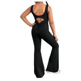 WDIRARA Girl's Sleeveless Flare Jumpsuit Scoop Neck Ruched Backless Pants Romper Black 10Y