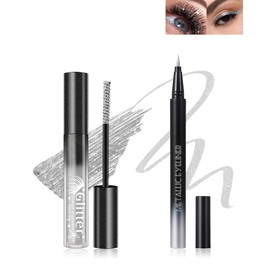 Glitter Mascara and Eyeliner Set, Diamond Sparkle Effect, Lengthening Volumizing Shimmer Colored Mascara for Eyelash, Waterproof Metallic Glitter Eyeliner Liquid, Women Cosplay Party Eye Makeup-Silver