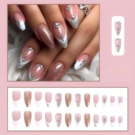 Rchovsam French Tip Press on Nails Medium Almond Nails Press Ons Glitter French Diamond Designs Fake Nails Acrylic Full Cover Gel False Nails Gift for Women 24pcs