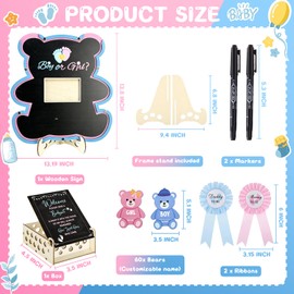tmlfep Bear Gender Reveal Guest Book Alternative Set, He or She Voting Board with Photo Frame, 60 Wooden Bear Tokens Keepsake Sign, Gender Reveal Party Decorations for Baby Shower