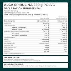 PRONAT | Alga Spirulina 100% Pura en Polvo, Suplemento Alimenticio, Bolsa con 240 gramos