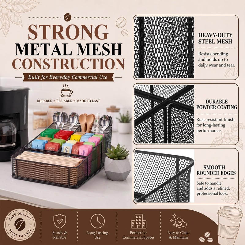 Domensi Mesh Condiment Station with 7 Compartment, Break Room Coffee
