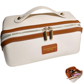 Aylashine Korean Portable Makeup Pouch, Portable Makeup Case, Large Capacity, Women's PU Leather Makeup, Girls Travel Toiletry Bag, Double Metal Zipper with Large Opening, Handle with Compartment