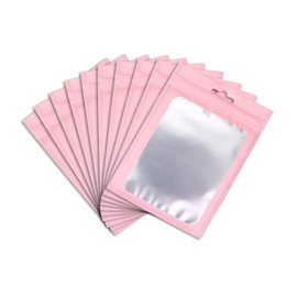 XFXIA 100 Pieces Mylar Bags, Resealable Smell Proof Bags with Clear Window 12cm*20cm Aluminum Foil Pouch Bag for Candy Food Lip Gloss Packaging |flat|cute| (Pink)