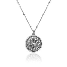 MUNORIAY Compass Pendant Disc Necklace: Retro Inspirational Friendship Jewelry Meaningful Graduation Gifts for Men Women High School College Graduates (Antique Silver)