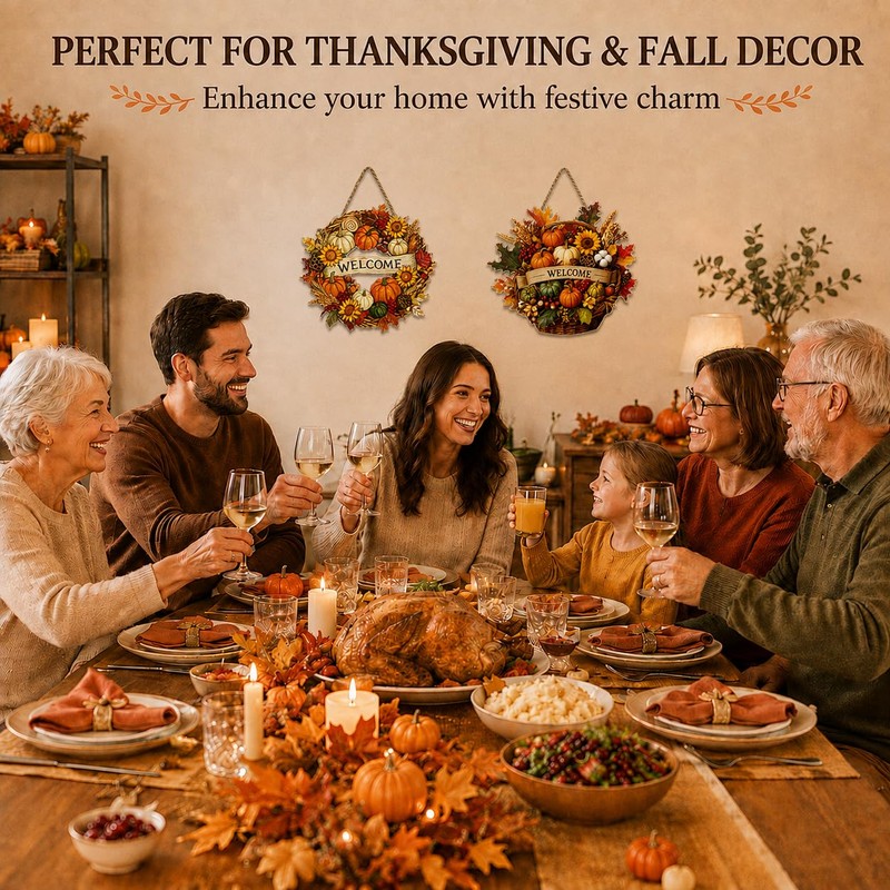 2-Piece Fall Door Decor Set, Welcome Wreath and Harvest Basket