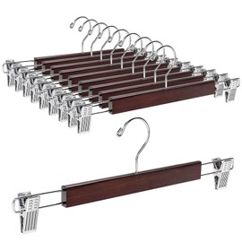 Amber Home 10 Pack 14.17" Solid Walnut Wooden Pant Skirt Hangers, Bottom Hangers for Slacks Trousers Jeans with 2-Adjustable Anti-Rust Clips (Walnut, 10 Pack)