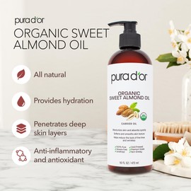 PURA D'OR PURA D'OR 16 Oz ORGANIC Sweet Almond Oil - 100% Pure & Natural USDA Certified Cold Pressed Carrier Oil For DIY Beauty - Non-Greasy, Unscented, Hexane Free Moisturizer - Massage Oil For Hair & Skin