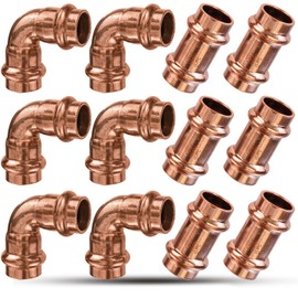 Copper Press Fittings 1/2inch Copper Coupling with Stop&Copper 90 degree Elbow with 1/2 Inch PxP, 1/2" 6PKPress Fittings Coupling with Stop+6PK 90 Degree Elbow,OD 5/8",Use with Hydraulic Press Fitting