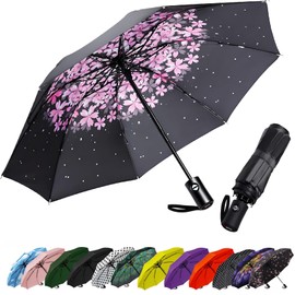 SIEPASA Compact Travel Umbrella - Windproof Auto Open/Close, Lightweight Folding Umbrella wIth Fiberglass Frame & Waterproof Canopy. Fits Backpack/Purse. (Pink Cherry Blossom)