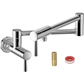 BESTJEEF Pot Filler Faucet,Wall Mount Polished Stainless Steel Pot Filler,Swing Arm Folding Stretchable Commercial Kitchen Faucet with Single Hole Two Handles,Over Stove Design for Space-Saving