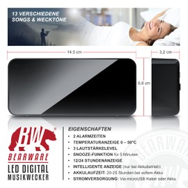 CSL - digitaler Wecker - mit Netzteil und extra großen 2200 mAh Akku – Musikwecker Reisewecker – 13 Songs und Klingeltöne - Temperaturanzeige - 2 Alarme – Schlummerfunktion – dimmbar