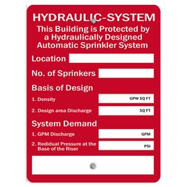 Aluminum Vertical Metal Sign Multiple Sizes Hydraulic System Automatic Sprinkler Hazard Red Fire All Over Weatherproof Street 9x12Inches