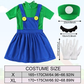 Shengruili 4 Piece Luigi Costume Set, Luigi Costume, Bros Cosplay Costume, Women, Men, Boys, Girls Outfit for Christmas, Carnival, Fancy Dress Costumes