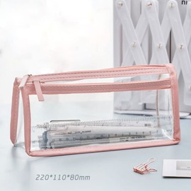FIYUK Clear Pencil Case Bag Pen Holder Stationery Dual Zipper Organizer Makeup Pouch for School Office Travel, Pink