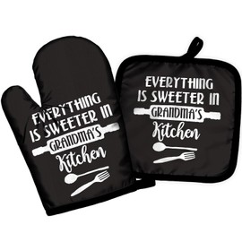 BRRNYOI Grandma Gifts Oven Mitts and Pot Holders Sets, Best Grandmother, Everything is Sweeter in Grandma's Kitchen Heat Resistant Oven Gloves Hot Pads for Kitchen Decor