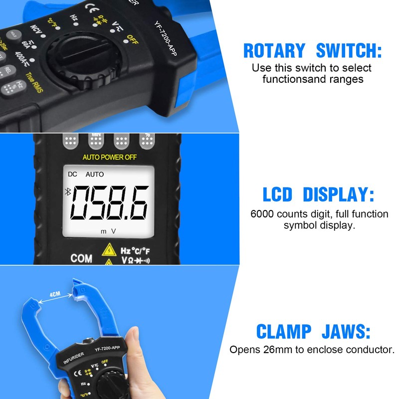 Bluetooth Clamp Meter, INFURIDER YF-7200APP Current Clamp Multimeter Clamp Meter