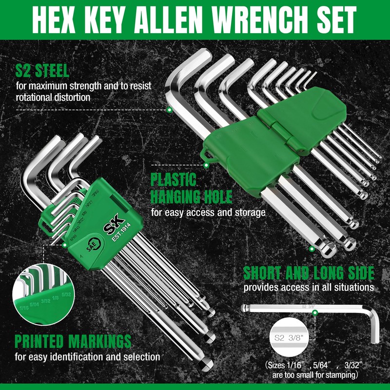 SK 9-Piece Allen Wrench Set, Hex Key Set, SAE Ball