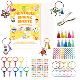 YONOVO 196 Pcs Printable Shrink Plastic Sheets Kit, 15 Pcs Printable Shrink Paper Heat Shrink Film Sheets Art Kit for Inkjet Printer with Hole Punch,Jump Rings,Alphabet Beads,Keychains&Leather Tassels