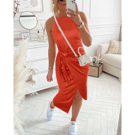 NOLLSOM Women Casual Sleeveless Striped Tank Midi Dresses Halter Neck Ruched Bodycon Dresses Tie Waist T Shirt Summer Dress（Solid Orange,Small