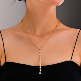 Inilbran Boho Layered Star Pendant Necklace Vintage Star Y Lariat Necklace Gold Star Choker Necklace Cluster Star Ball Chain Necklace Jewelry For Women and Girls