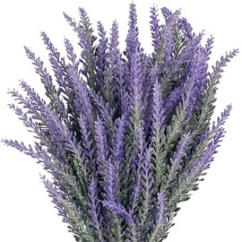 ASSIOAS 4 Bundles Artificial Lavender Fake Lavender Artificial Flowers for Home Decor, Faux Plastic Purple Plants for Kitchen Garden Patio Porch Window Box Decoration
