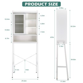 SUNTAGE Over Toilet Storage Cabinet Organizer for Bathroom, Over Toilet Shelf, Freestanding Space Saver with Adjustable Shelves, Acrylic Sliding Door, Wide Open Shelf, 2 Hooks, Classic White
