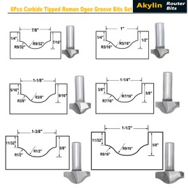 Akylin 6pcs Ogee Groove Bits Set,Ogee Bottom Clear Plunge Router Bits,1/2 Inch Shank,Bold Profile Mould Diameter 7/8",1",1-1/8",1-1/4",1-3/8" and 1-1/2" CD,for Base Ogee Edge Molding,Grooving,Plunging