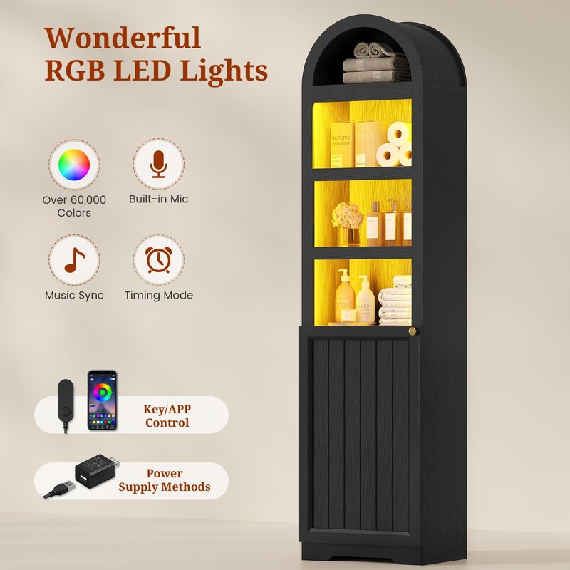 UPOSOJA 72" Tall Arched Narrow Bathroom Storage Cabinet with Lights,