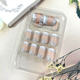 LOPMNGHT White French Press on Nails Medium Length Glitter Powder False Nails with Design Artificial Stick on Nails Full Cover Acrylic Coffin Nails Reusable Glue on Nails for Women 24Pcs
