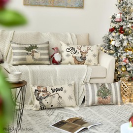 Artoid Mode Snowman Reindeer Gloves Christmas Cushion Covers Set of 4, 30x50 cm Winter Xmas Decorative Pillow Case Cover Sofa Living Room Decor