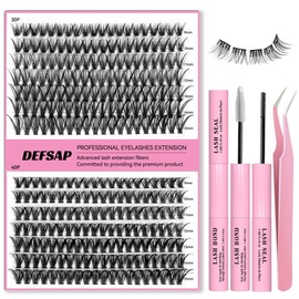 DEFSAP DEFSAP DIY Eyelash Extension Kit, 240pcs lash Extension Kit 9-15mm Mix, 30D 40D Curl Individual Lash Clusters with Bond, and Tweezers