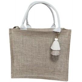 Ardorion Jute Bag with Zip and Tassel Pendant Waterproof Large Shopping Bags Shopper Bag Jute Bag Beach Bag Foldable Handbag Gift Bag, Natural jute