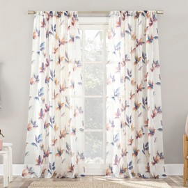 No. 918 Ellie Floral Print Sheer Rod Pocket Curtain Panel, 51" x 84", Multi