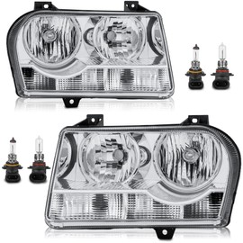 KUIPERAUTO Pair Headlights Assembly Compatible for 2005-2010 Chrysler 300 Halogen Type w/Chrome Housing Bulbs are included Driver and Passenger Side Headlamp