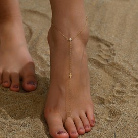 Havopso Dainty Ankle Bracelets for Women 18K Gold Plated Tiny Cross Satellite Chain Anklets Y Shaped CZ Toe Ring Ankle Bracelet Minimalist Beach Foot Jewelry for Women