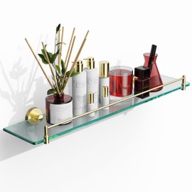 KOCOK Glass Shelf for Bathroom,24-Inch Brushed Gold Glass Bathroom Shelf Modern Stainless Steel Tempered Glass Floating Shelf Wall Mount Accessories
