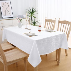 smiry Washable Tablecloth, Ornaments, Rectangular, 140 x 100 cm, Damask Tablecloth, Scratch-Resistant, Made of Polyester, Easy Care for Kitchen, Party, White