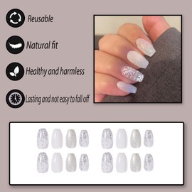 YOSOMMK White Winter Press on Nails Medium Coffin Fake Nails with Snowflake Designs Glossy Full Cover Glue on Nails Artificial Acrylic Stick on Nails False Nails for Women