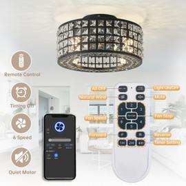 Oiotwo 18 Inch Crystal Chandelier Ceiling Fan, Modern Industrial Fandelier with Lights and Remote/APP Control, Enclosed Low Profile Bladeless Ceiling Fan Including Bulb(Black3)